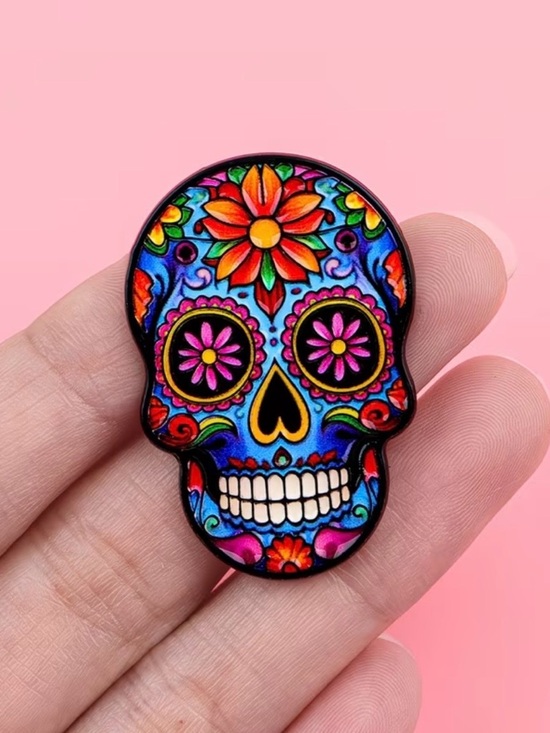 Accessories - Colorful Sugar Skull Enamel Pin - Bright Floral Design